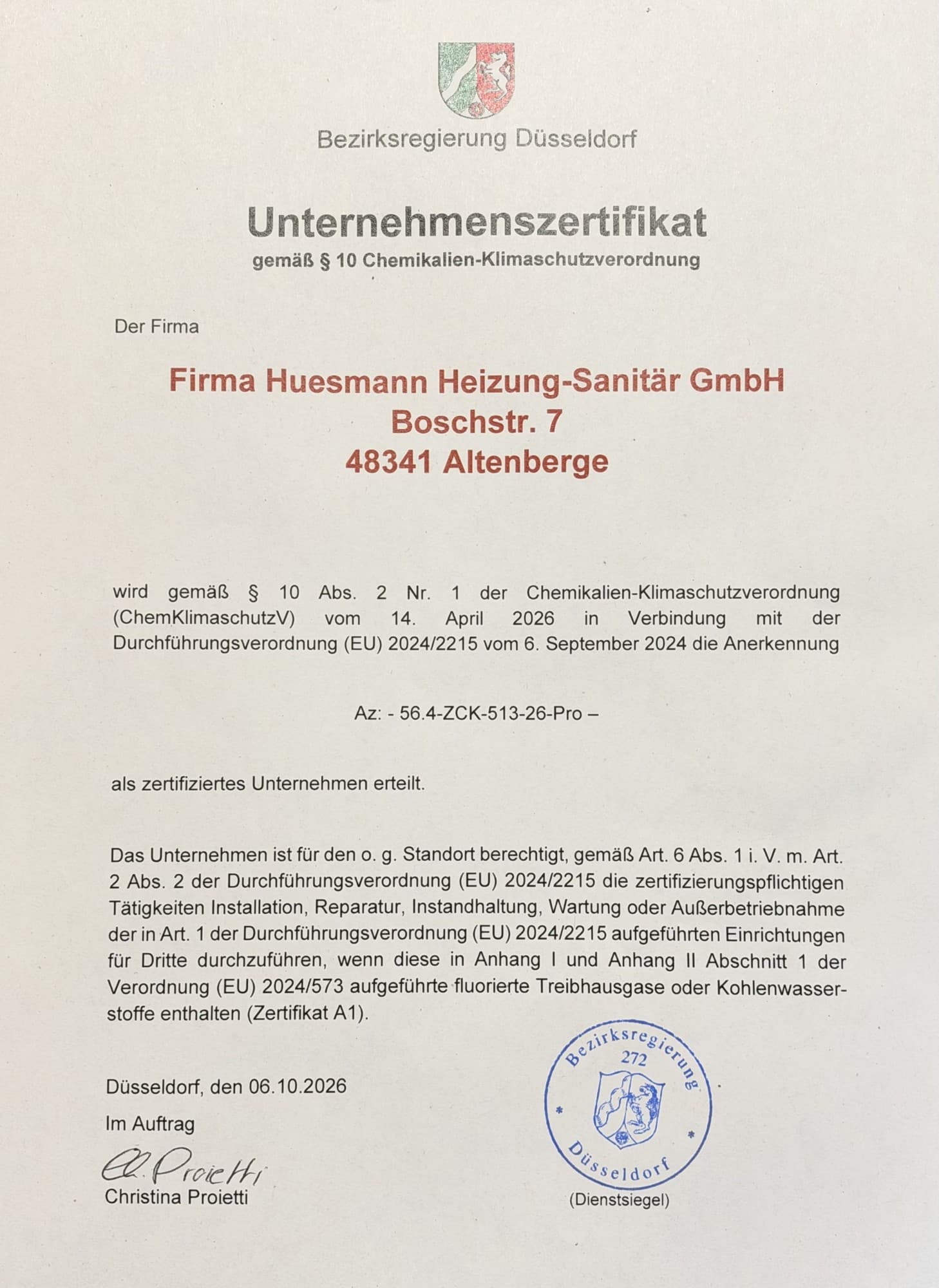 Unternehmenszertifikat gemäß § 10 Chemikalien-Klimaschutzverordnung für Huesmann Heizung - Sanitär GmbH